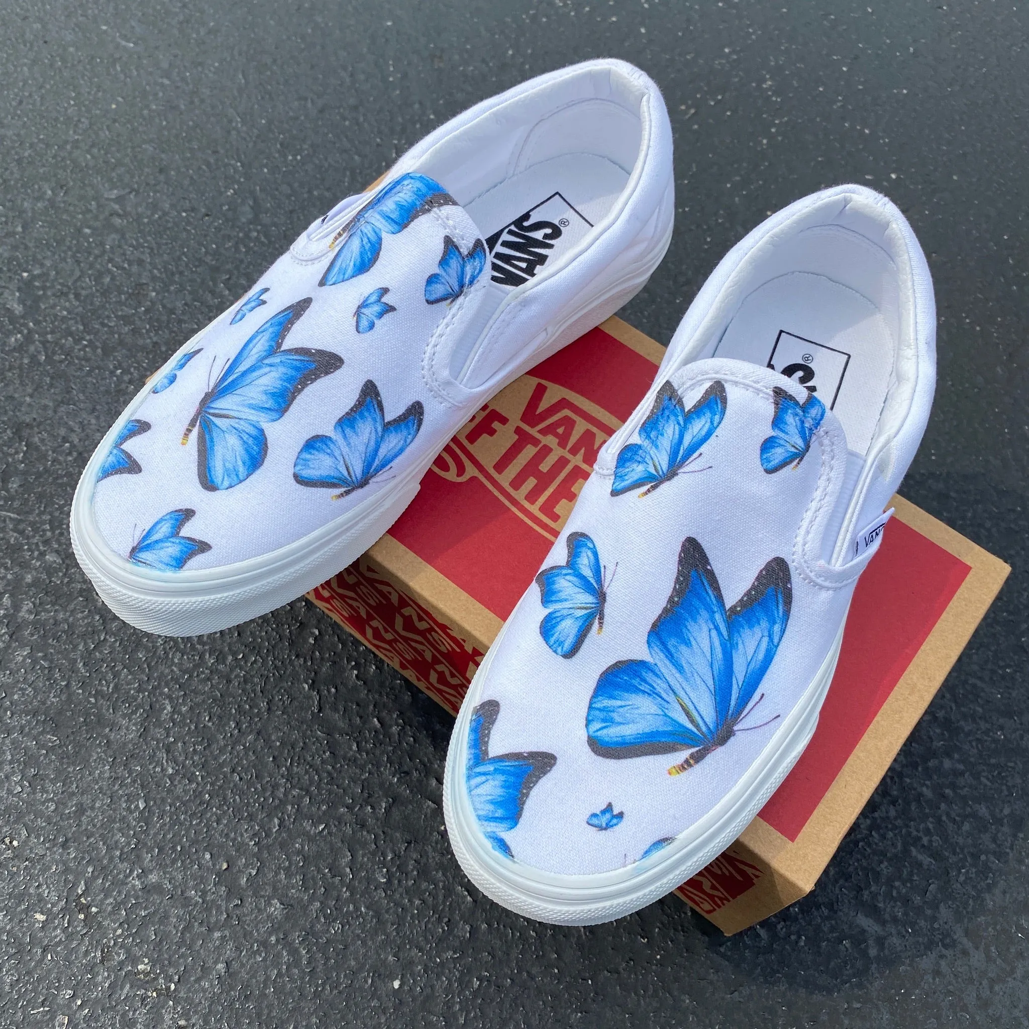 Blue Butterfly - White Slip Ons - Custom Vans Shoes