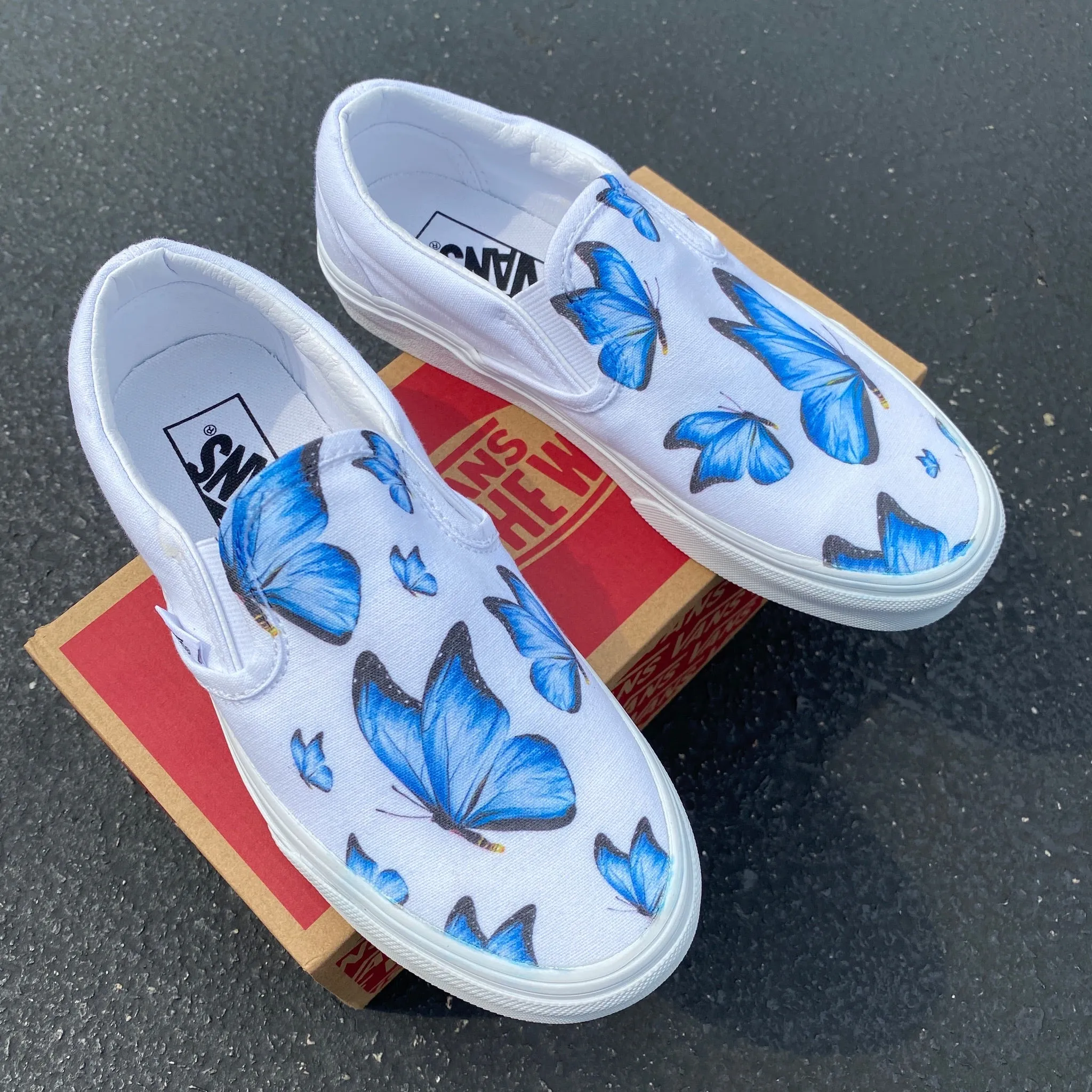 Blue Butterfly - White Slip Ons - Custom Vans Shoes