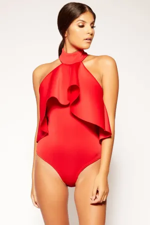 Elora - Red Scuba Ruffle Trim Choker Neck Bodysuit