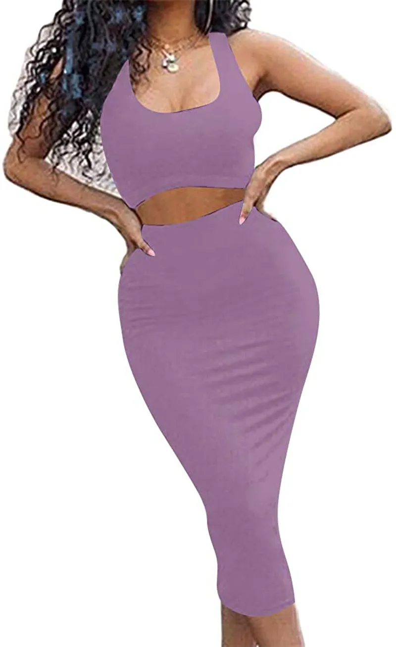GOBLES Women's Sexy Summer Outfits Bodycon Tank Top Midi Skirt 2 Piece Dress