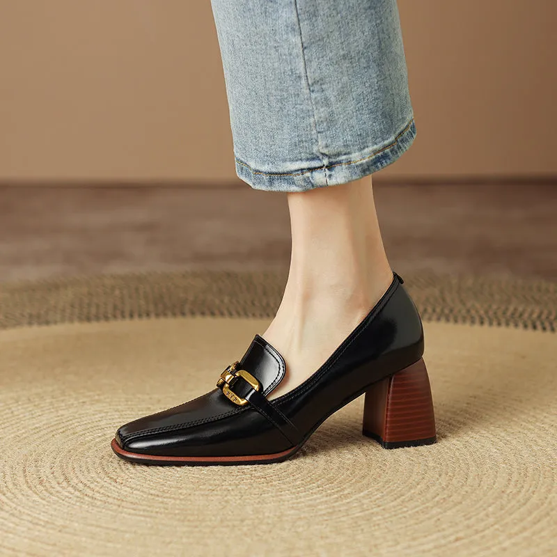 Italia Black Square Toe Heeled Loafers