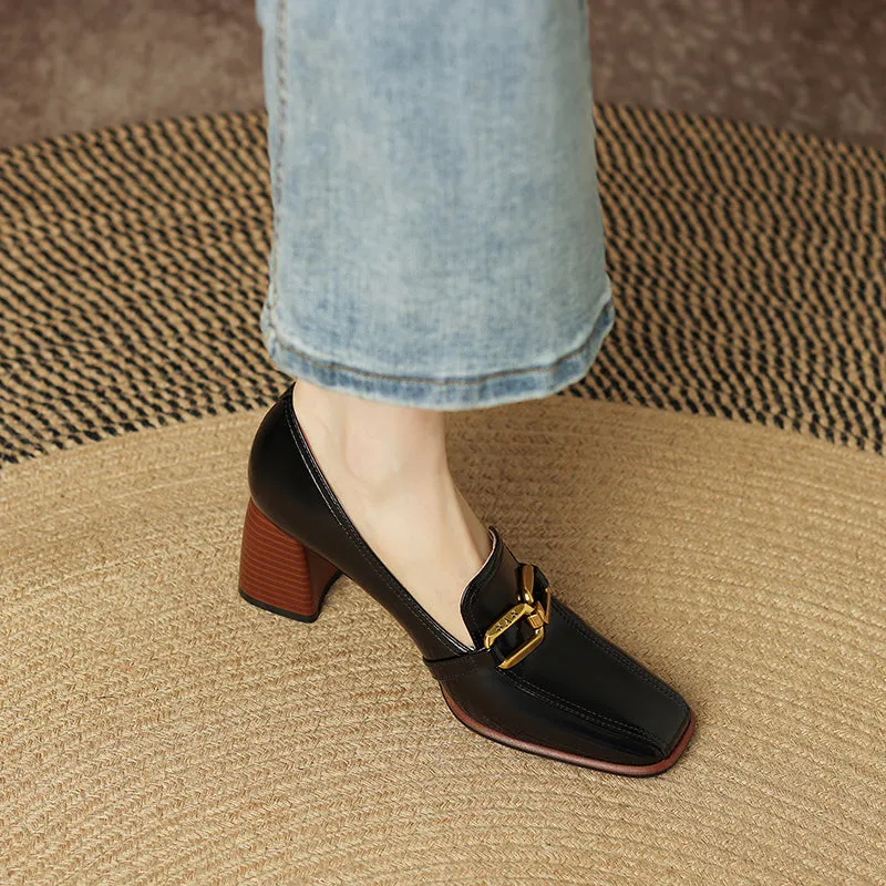 Italia Black Square Toe Heeled Loafers
