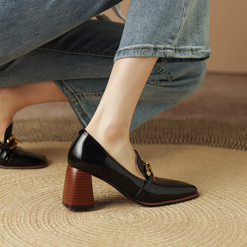 Italia Black Square Toe Heeled Loafers