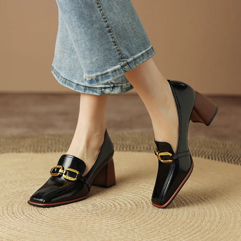 Italia Black Square Toe Heeled Loafers