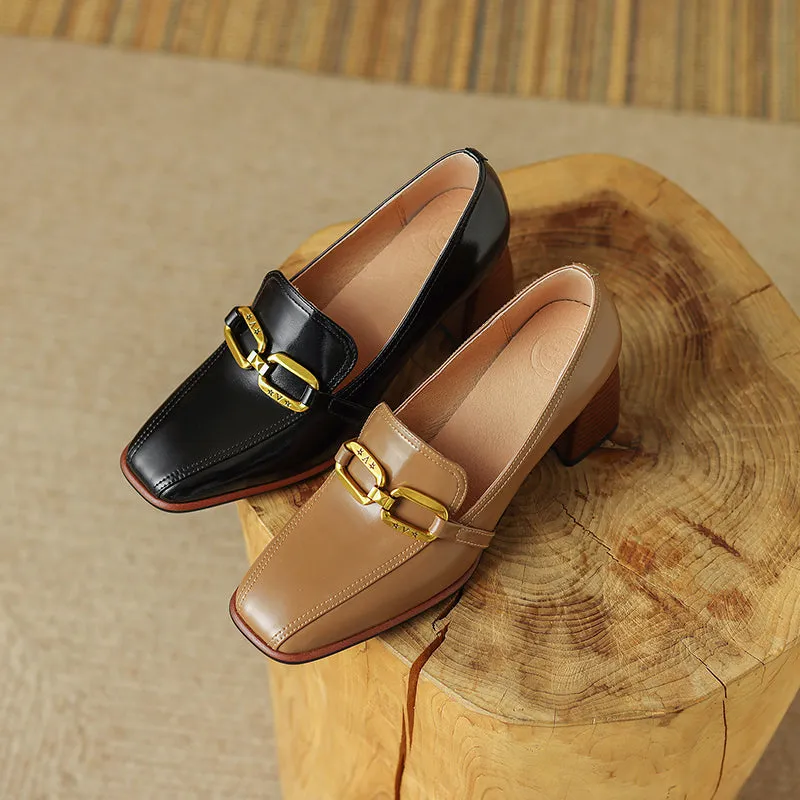 Italia Black Square Toe Heeled Loafers