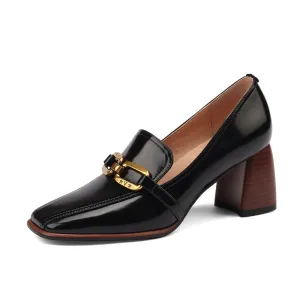 Italia Black Square Toe Heeled Loafers