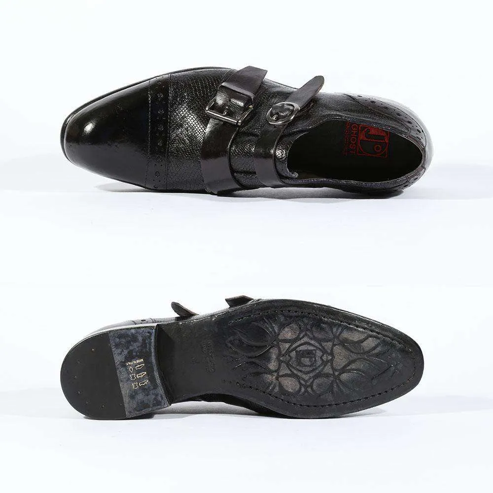 Jo Ghost Men's Italian Designer Shoes Diver Reptilis Nero Monkstrap Loafers(JG5118)