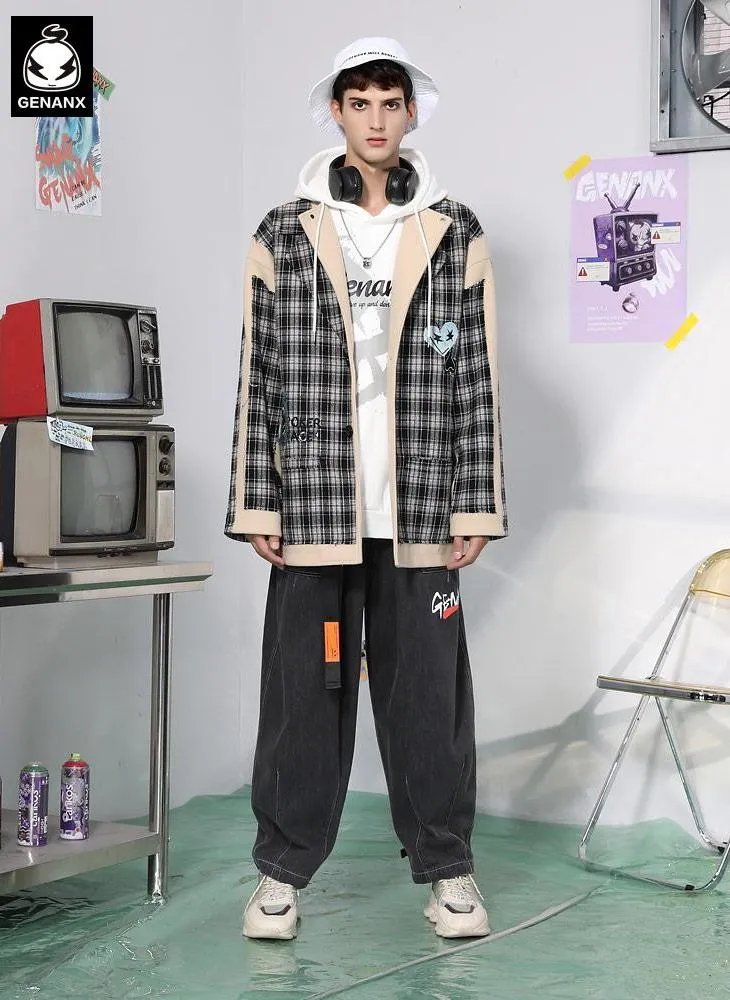 Plaid Irregular Stitching Card Letter Embroidered Jacket