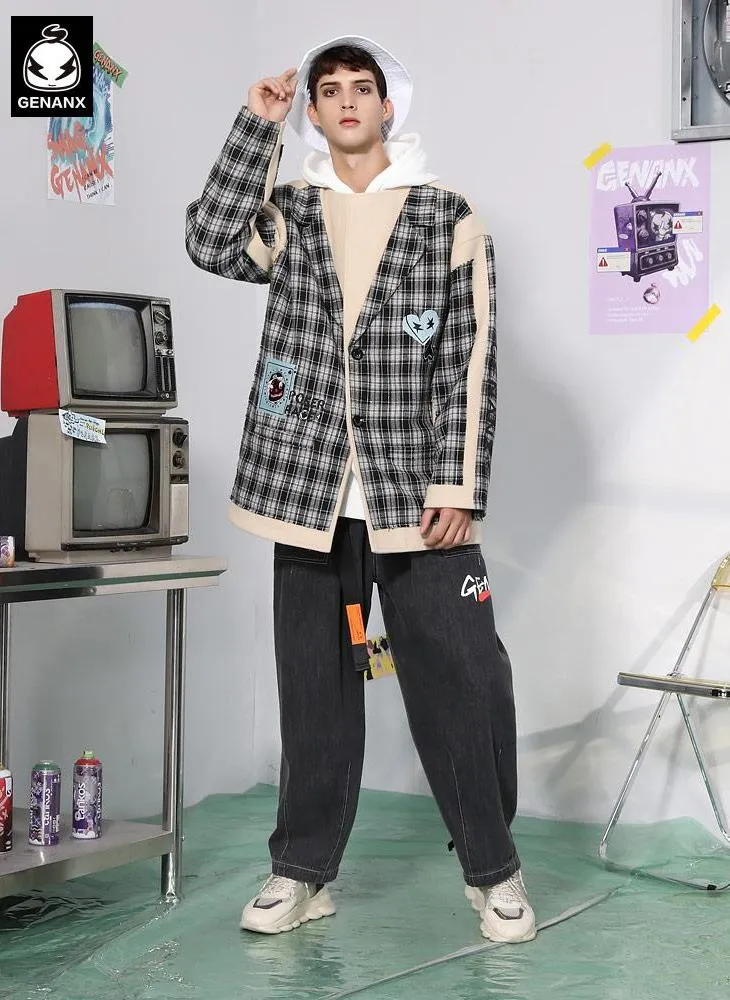 Plaid Irregular Stitching Card Letter Embroidered Jacket