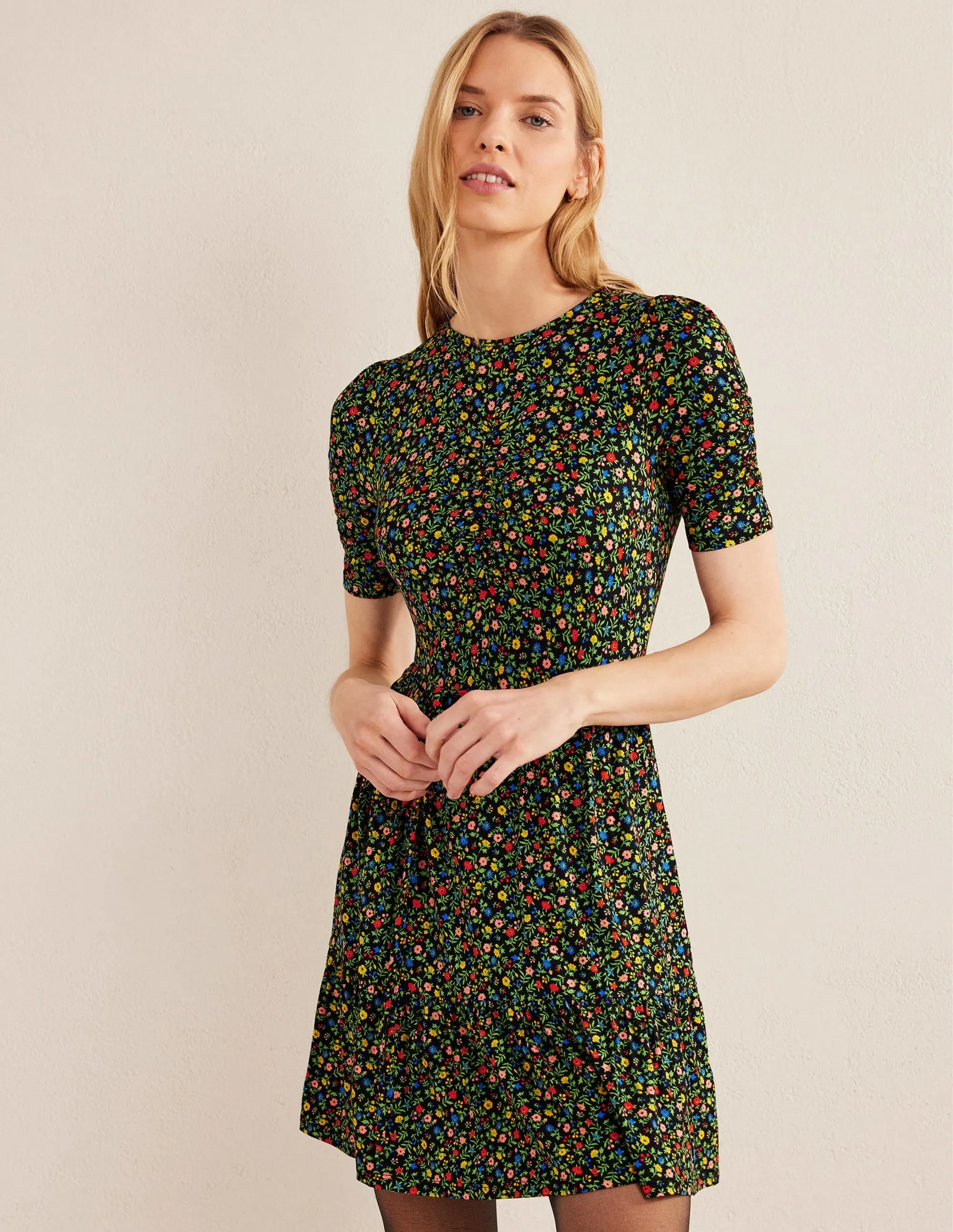 Ruched Bust Jersey Mini Dress-Black, Petal Foliage