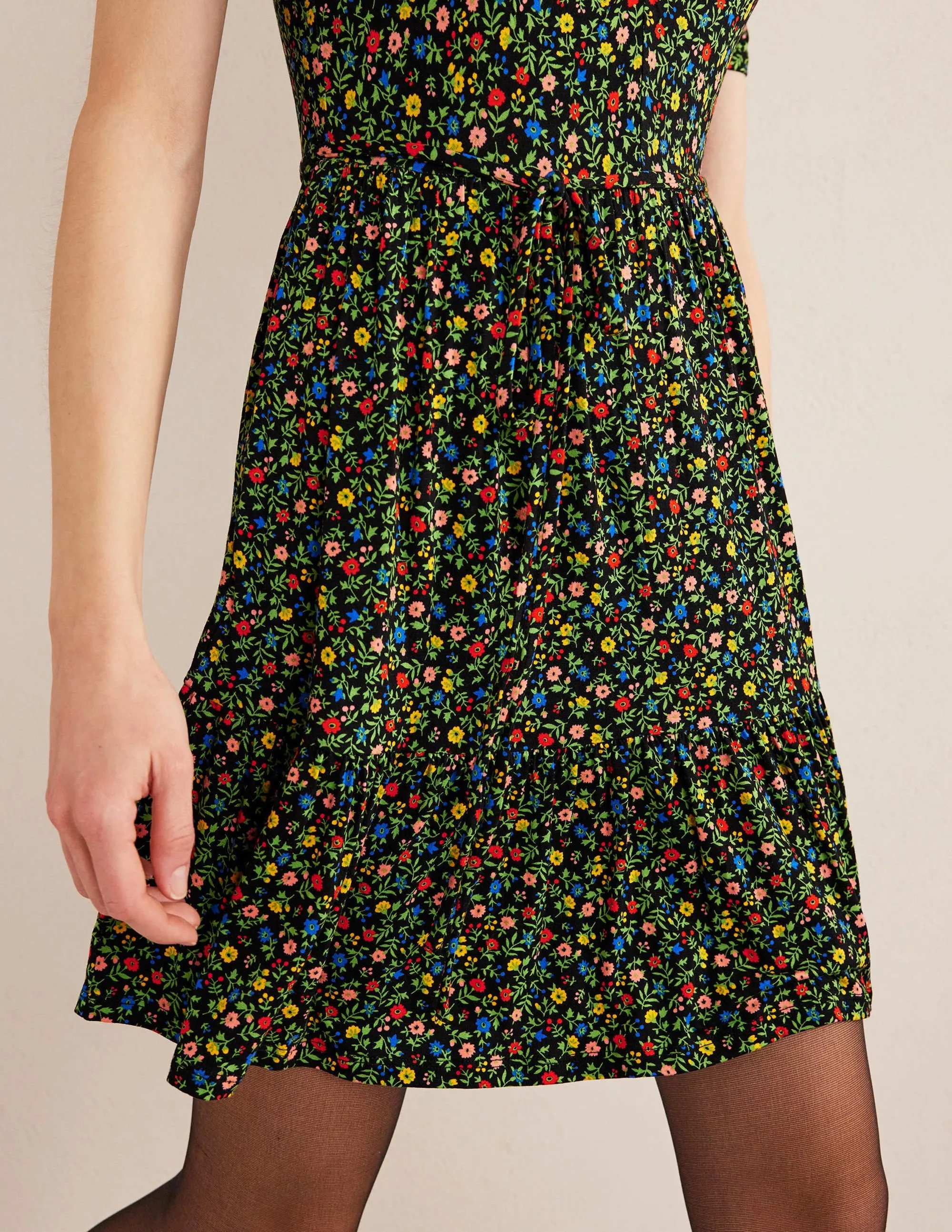 Ruched Bust Jersey Mini Dress-Black, Petal Foliage