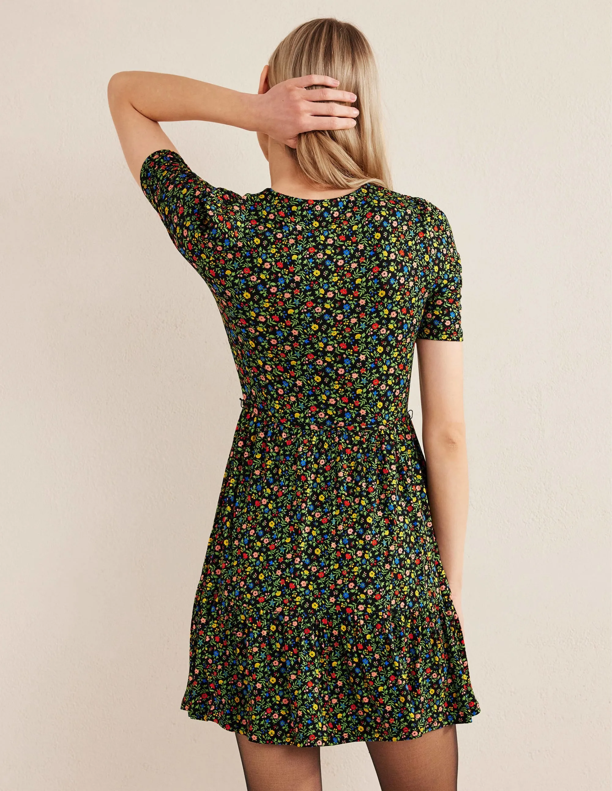 Ruched Bust Jersey Mini Dress-Black, Petal Foliage