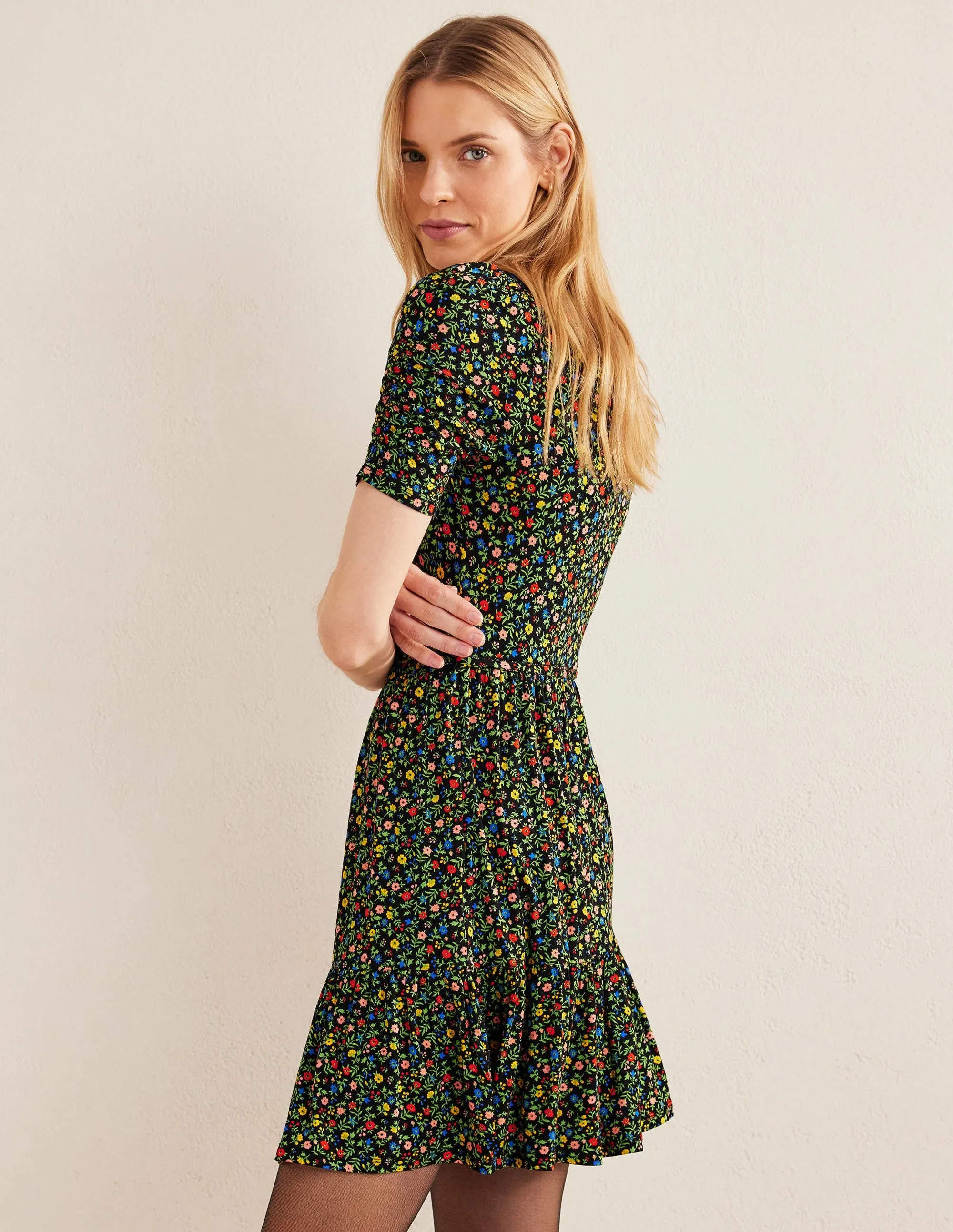 Ruched Bust Jersey Mini Dress-Black, Petal Foliage